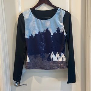 Shein black, long sleeved top with unique forest and house design in front